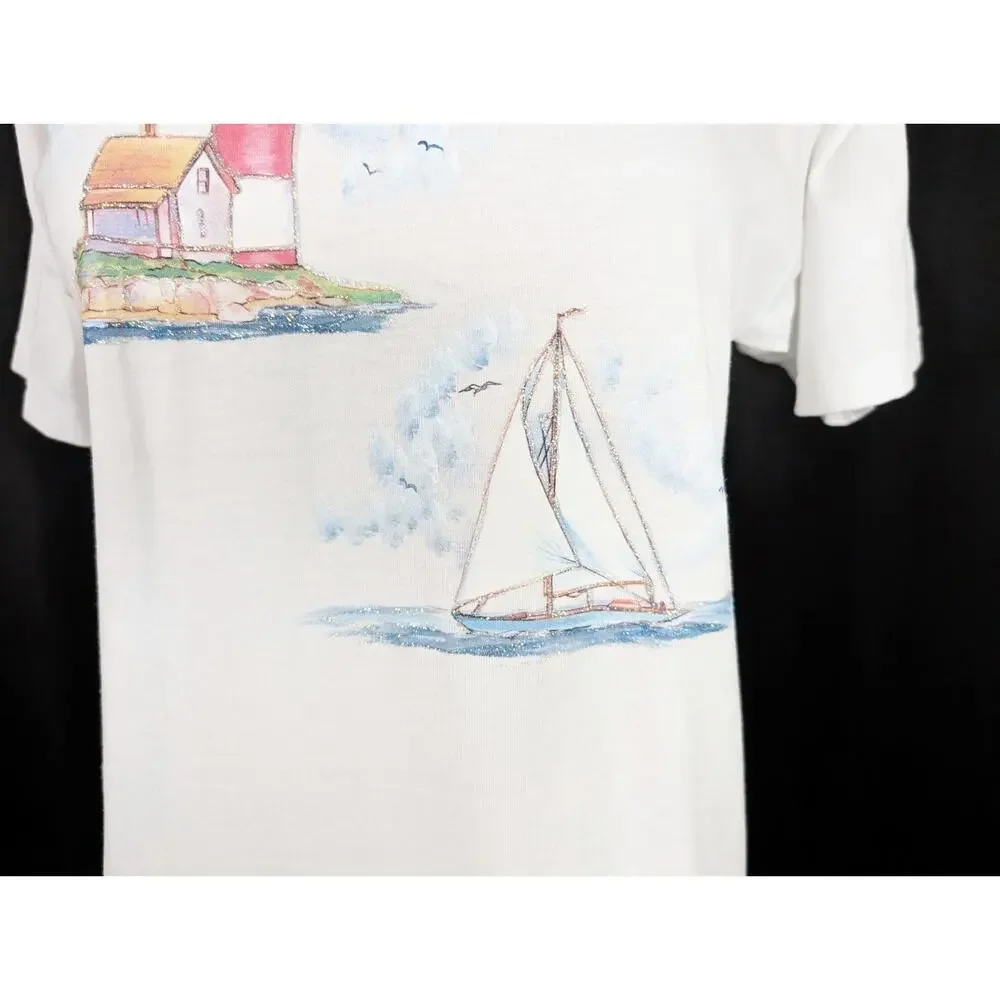 Vintage 90s Top White Lighthouse Beach Sailboats Short Sleeve Misses Size M - Picture 4 of 8